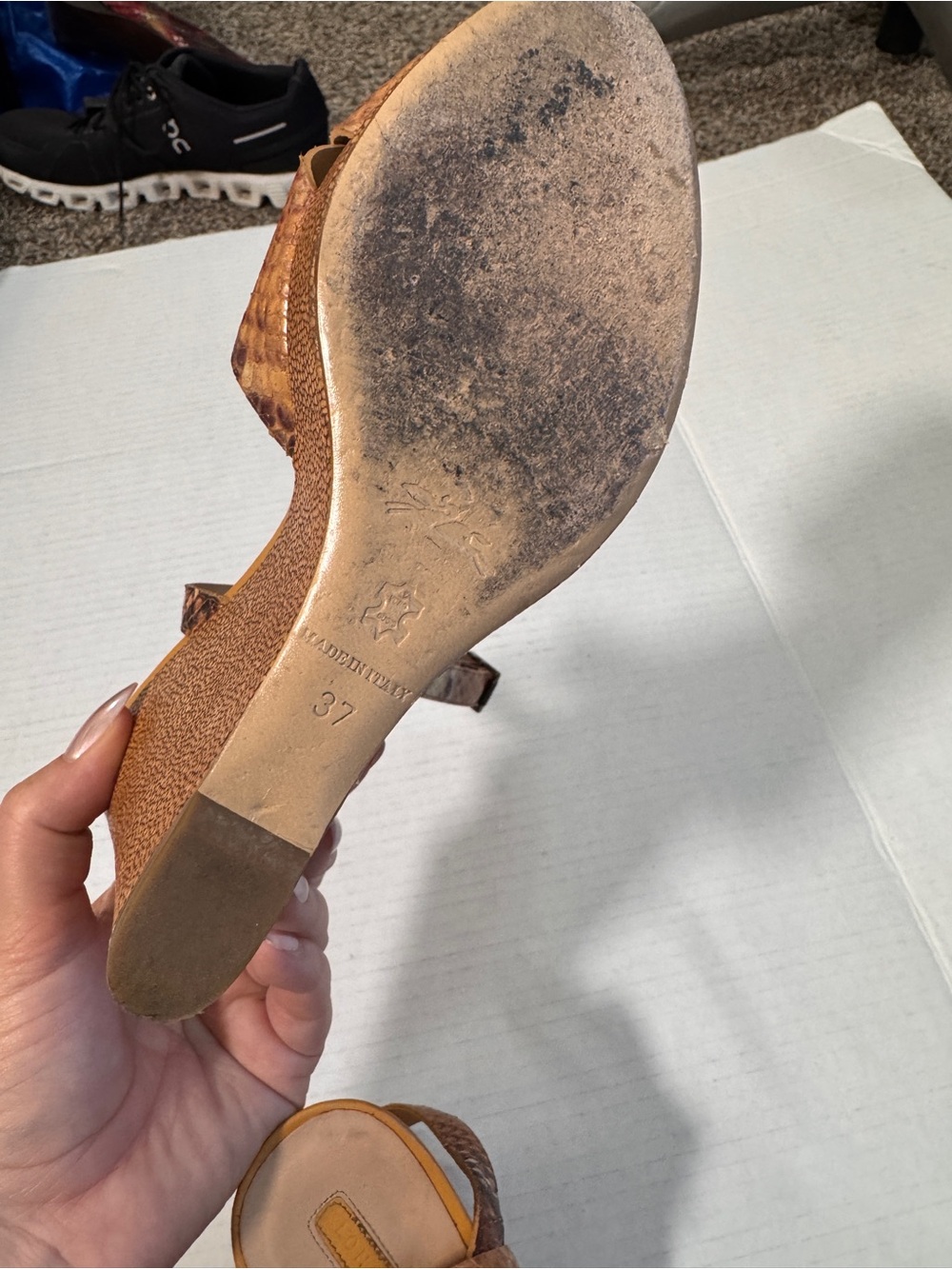 Longchamp Tan Brown Snake Print Leather Wedge Sandals Womans 6.5 Peep Toe Luxury - Picture 7 of 12